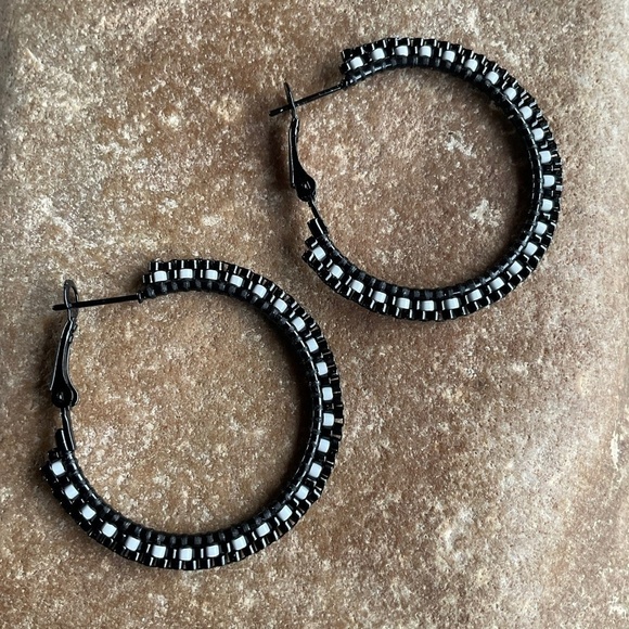 Black and White 1 1/4” Beaded Hoops, New, Handmade by Me - Picture 1 of 8